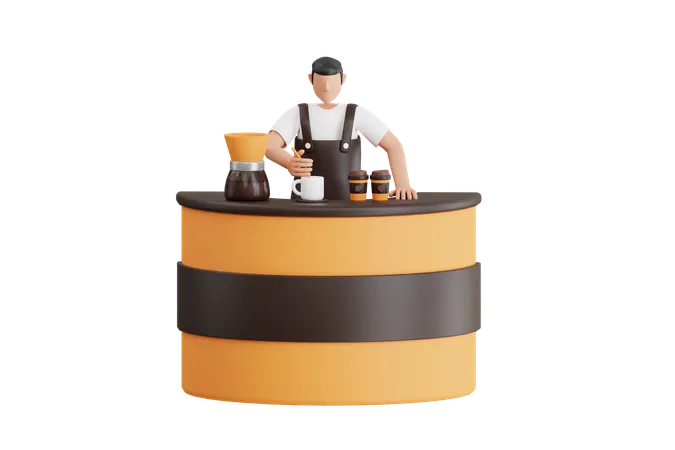 Male Waiter Making Coffee  3D Illustration