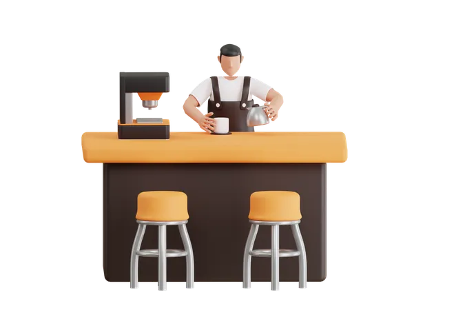 3 D Illustration Of Male Waiter Making Coffee Man Making Coffee For Customer 3 D Illustration 3D Illustration