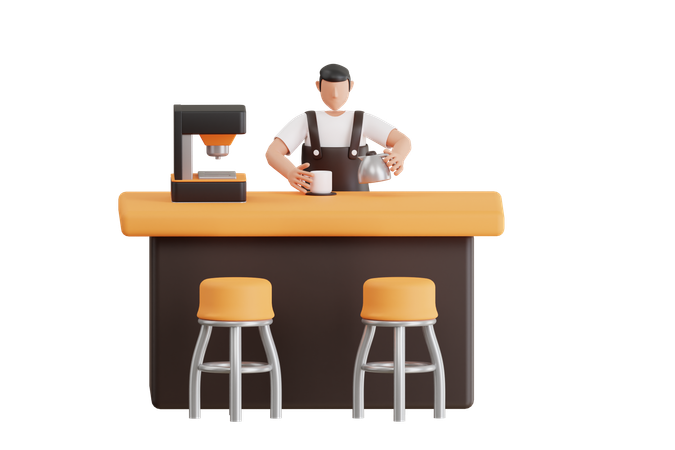 Male Waiter Making Coffee  3D Illustration