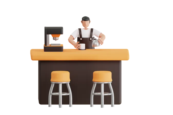 Male Waiter Making Coffee  3D Illustration