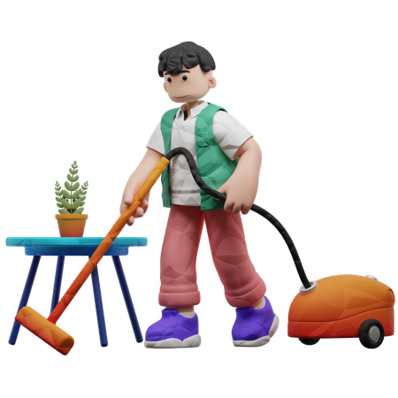 掃除機を使って床を掃除する男性労働者  3D Icon