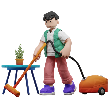 Male Worker Cleaning Floor Using Vacuum Cleaner  3D Illustration
