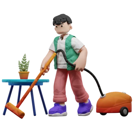Male Worker Cleaning Floor Using Vacuum Cleaner  3D Illustration