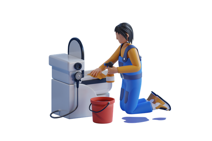 Male Worker Cleaning Toilet  3D Illustration