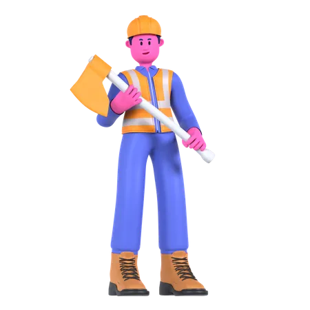 Male Worker Holding Axe  3D Illustration