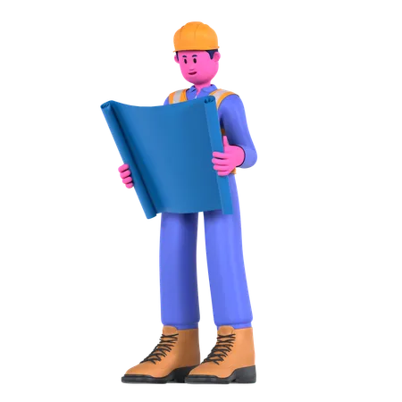 Male Worker Holding Blueprint  3D Illustration