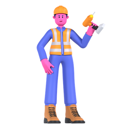 Male Worker Holding Drill Machine  3D Icon