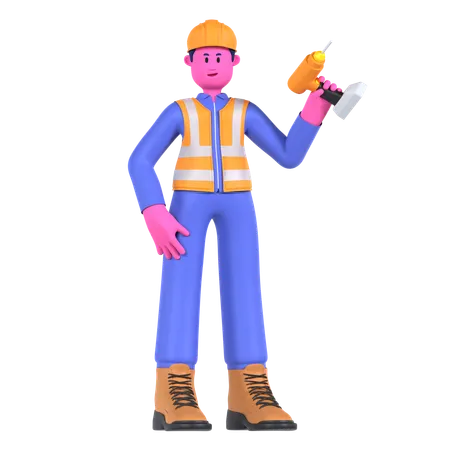 Male Worker Holding Drill Machine  3D Illustration