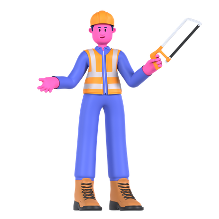 Male Worker Holding Hacksaw  3D Illustration