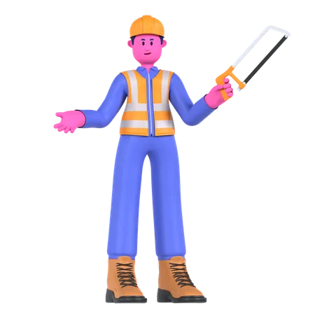 Male Worker Holding Hacksaw  3D Illustration