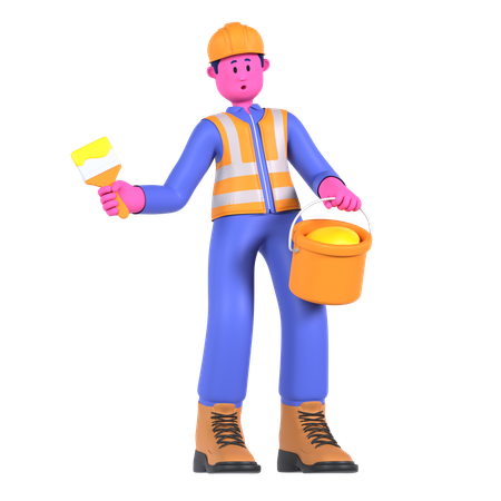 Male Worker Holding Paint Bucket  3D Illustration