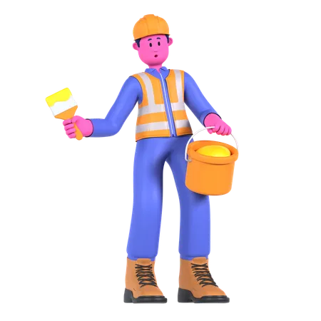 Male Worker Holding Paint Bucket  3D Illustration