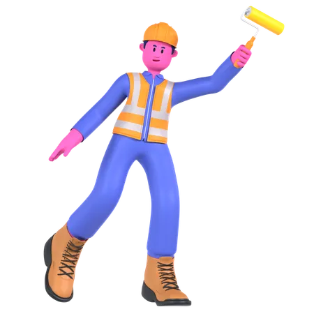 Male Worker Holding Paint Roller  3D Illustration
