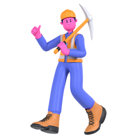 Male Worker Holding Pickaxe  3D Icon