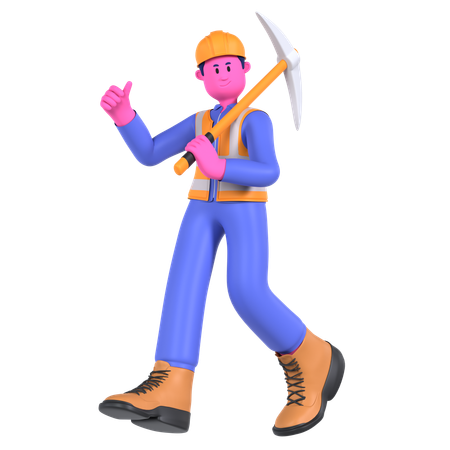 Male Worker Holding Pickaxe  3D Illustration