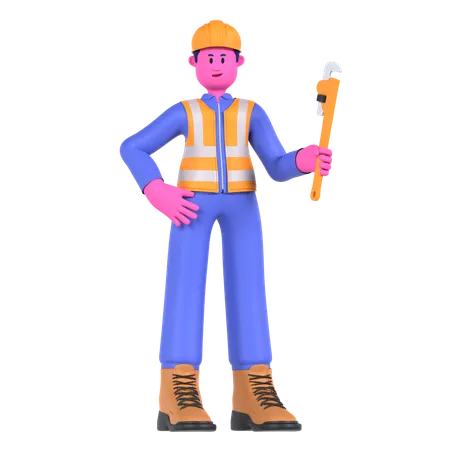Male Worker Holding Pipe Wrench  3D Illustration