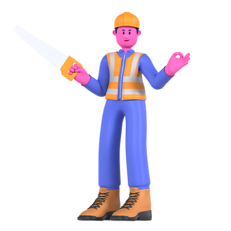 Male Worker Holding Saw  3D Illustration