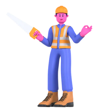 Male Worker Holding Saw  3D Illustration