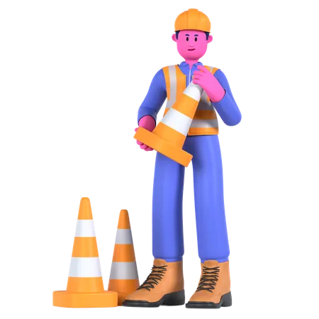 Male Worker Holding Traffic Cone  3D Illustration