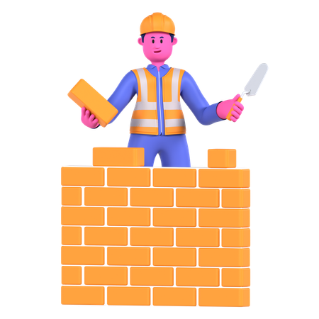 Male Worker Making Brick Wall  3D Illustration