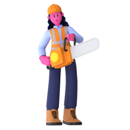 Male Worker Using Chainsaw  3D Illustration