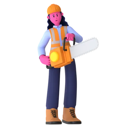 Male Worker Using Chainsaw  3D Illustration