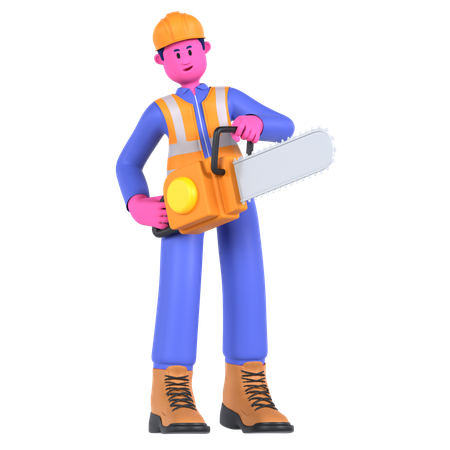 Male Worker Using Chainsaw  3D Illustration