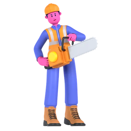 Male Worker Using Chainsaw  3D Illustration