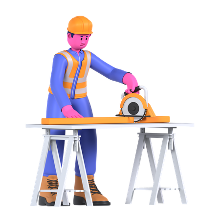 Male Worker Using Circular Saw  3D Illustration