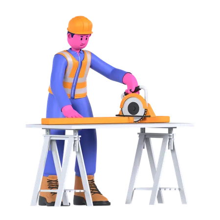 Male Worker Using Circular Saw  3D Illustration