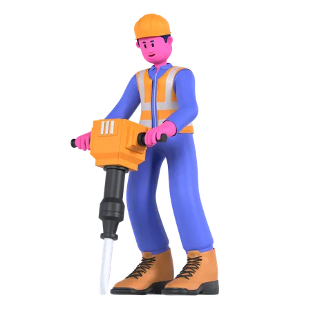 Male Worker Using Jackhammer  3D Illustration