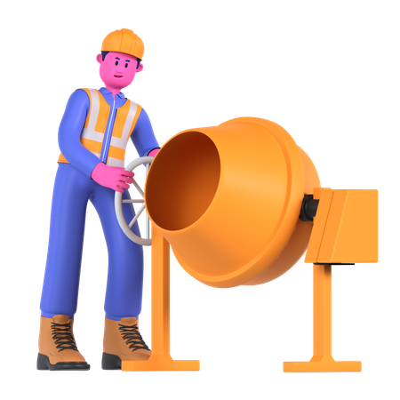Male Worker With Concrete Mixer  3D Icon