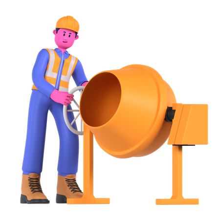 Male Worker With Concrete Mixer  3D Illustration