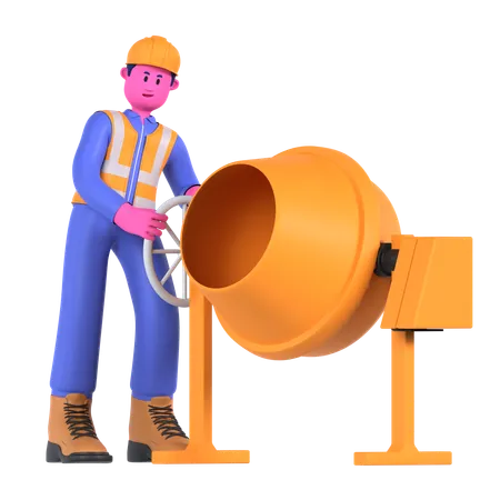 Male Worker With Concrete Mixer  3D Illustration