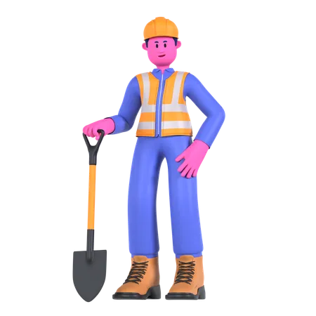 Male Worker With Shovel  3D Illustration