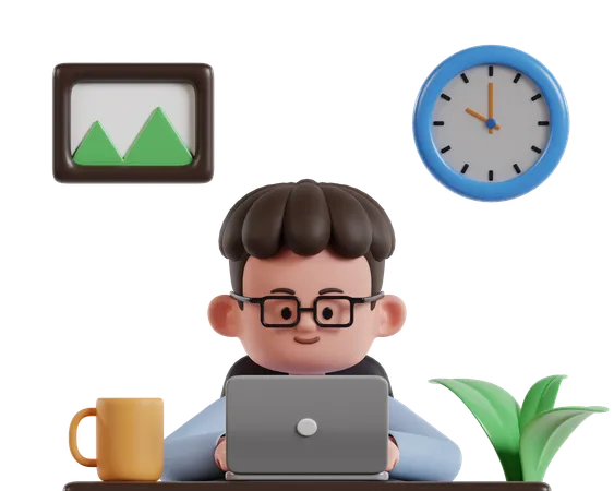 3 D Male Character Working From Home Man In Glasses Working In Front Of Laptop At Home 3D Illustration