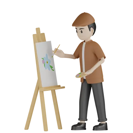Maler malt auf Staffelei  3D Illustration