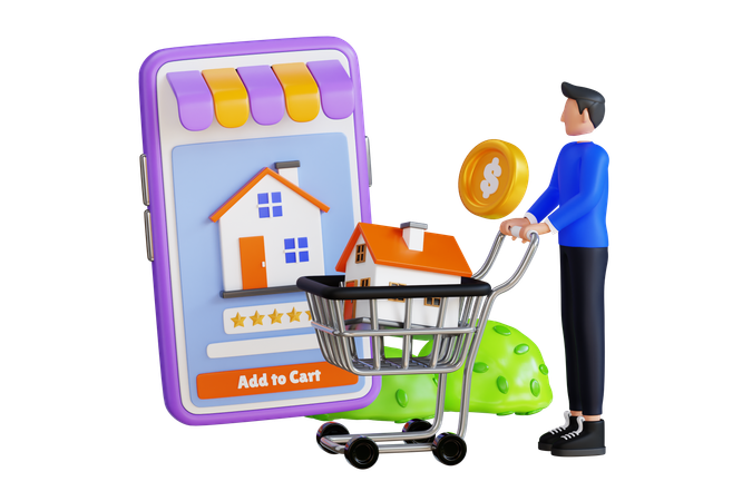 Man Added House To His Shopping Cart  3D Illustration