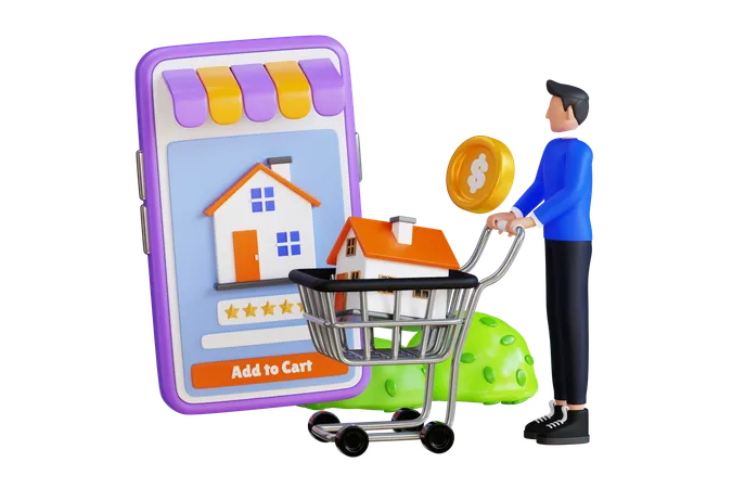 3 D Illustration Of Boy Adds A House To Her Shopping Cart Man Is Buying House Online 3 D Illustration 3D Illustration