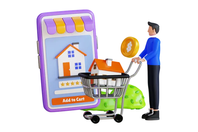 Man Added House To His Shopping Cart  3D Illustration