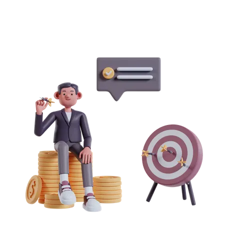 Target Marketing 3 D Illustration Target Hit Marketing Research Man Sitting On Pile Of Coins Aiming At The Target Of Darts 3D Illustration