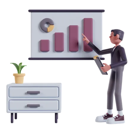 Men Analyze Marketing On A Whiteboard With A Business Growth Chart While Holding The Clipboard With Their Left Hand 3D Illustration