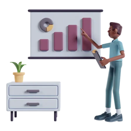 Mature Brown Man Analyze Marketing On A Whiteboard With A Business Growth Chart While Holding The Clipboard With Left Hand 3D Illustration