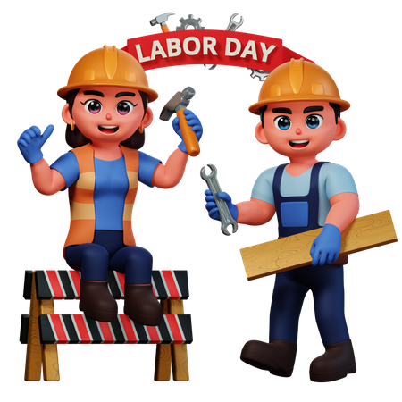 Man and girl holding repair tool  3D Icon