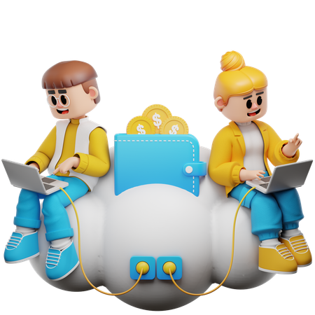 Man And Woman Connected To Cloud Wallet  3D Illustration