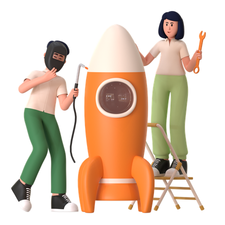 Man And Woman Doing Rocket Development  3D Illustration