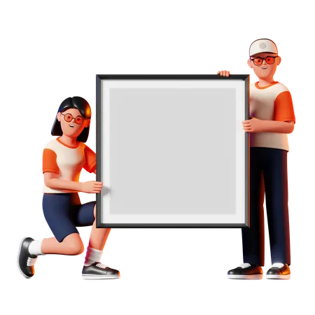 Man And Woman Holding A Blank Placard 3 D Illustration 3D Illustration