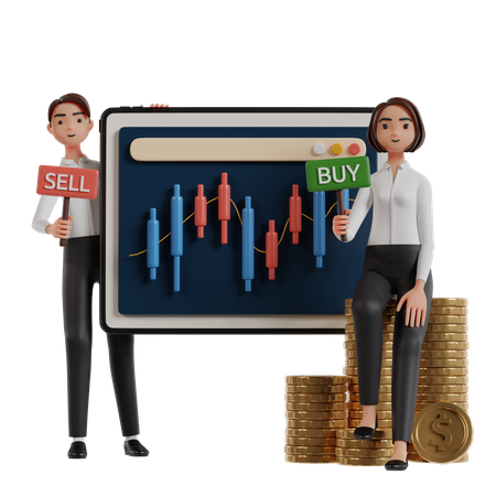 Man And Woman Holding Buy And Sell Trading Investment Boards  3D Illustration