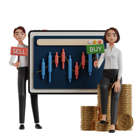 Man And Woman Holding Buy And Sell Trading Investment Boards  3D Illustration