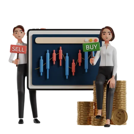 Man And Woman Holding Buy And Sell Trading Investment Boards  3D Illustration